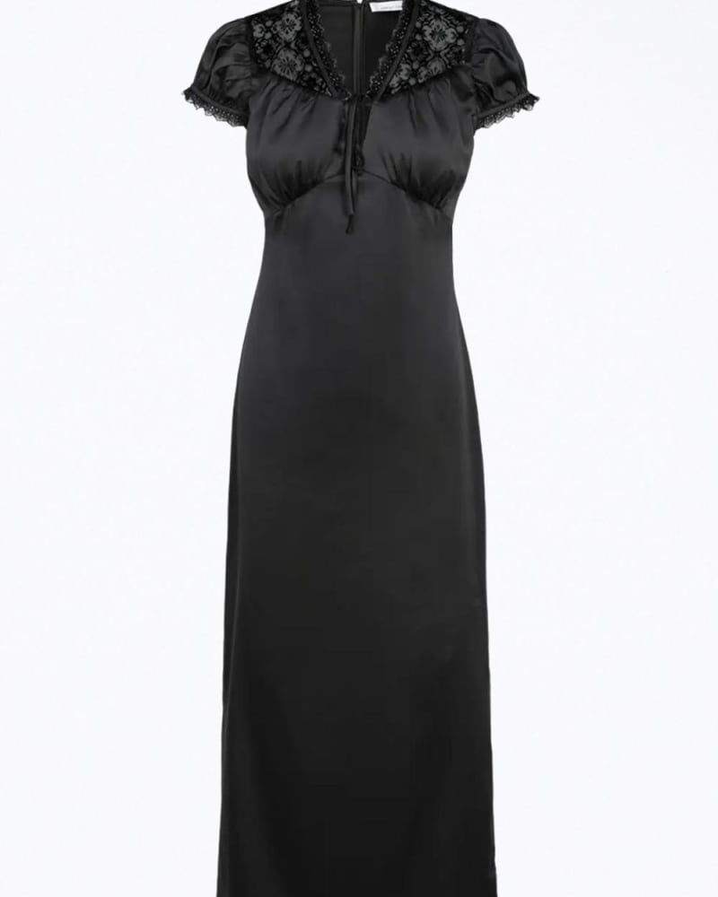 Front of a model wearing a size L Lace-Trimmed Satin Midi Dress in Black in Black by Adelyn Rae. | dia_product_style_image_id:346467